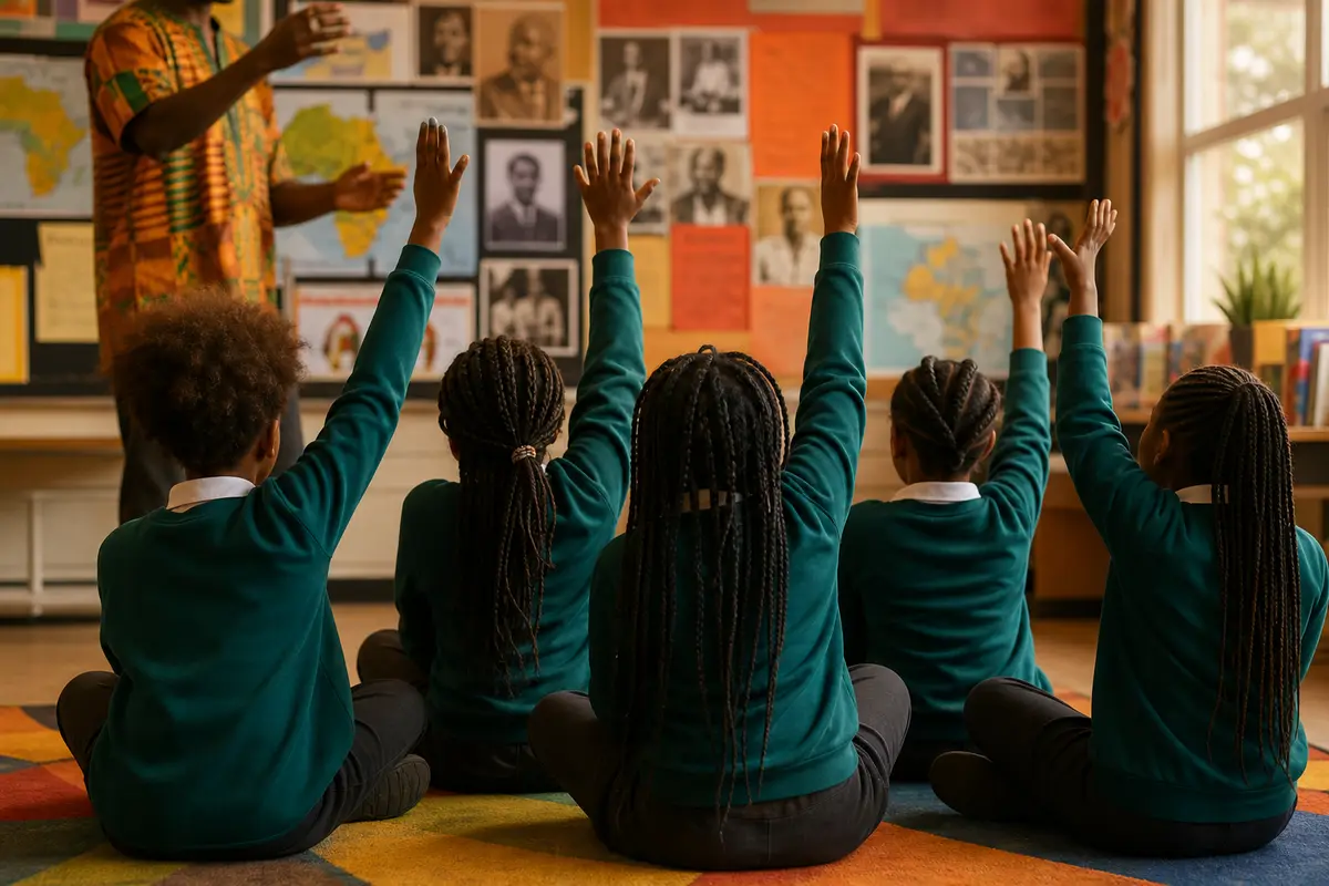Primary pupils sitting on a classroom carpet with hands raised, facing a wall display of archive portraits and a map of Africa.