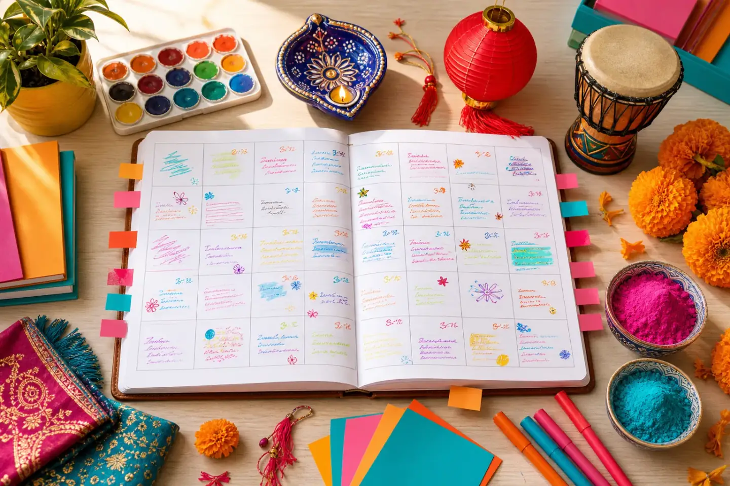An open year planner on a teacher's desk, ringed by a painted diya lamp, a red paper lantern, a small djembe drum, marigolds and dishes of pink and turquoise colour powder.