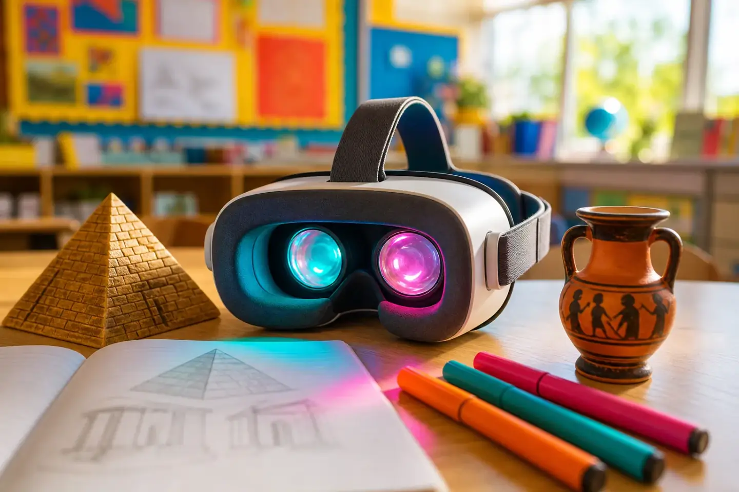 A virtual reality headset on a classroom desk, its lenses glowing turquoise and pink, beside a model pyramid, a Greek amphora, felt-tip pens and a pencil sketch of ancient buildings.