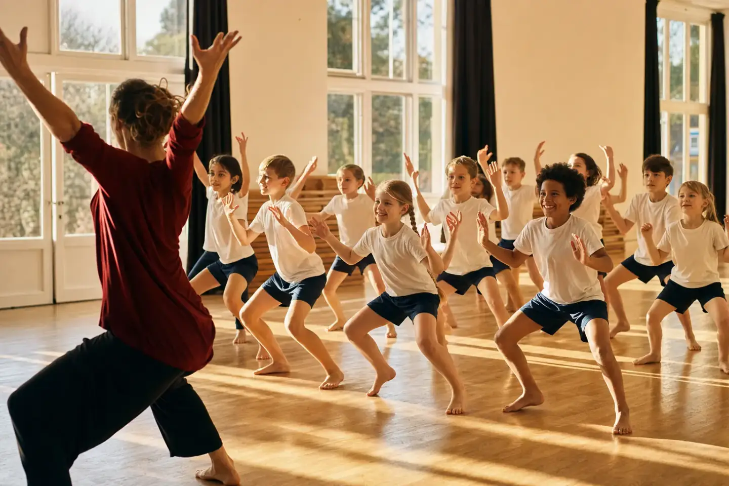 Pupils dancing in a school hall in PE kit, arms raised mid-movement, with a drummer playing at the side of the room.
