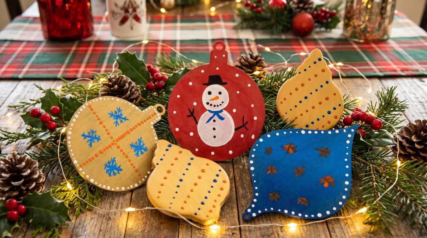 Five hand-painted wooden decorations arranged on a rustic table among holly, pine cones and fairy lights: a red bauble with a snowman in a black hat, a gold disc with blue snowflakes, a blue teardrop with orange stars, and two gold shapes patterned with coloured dots.