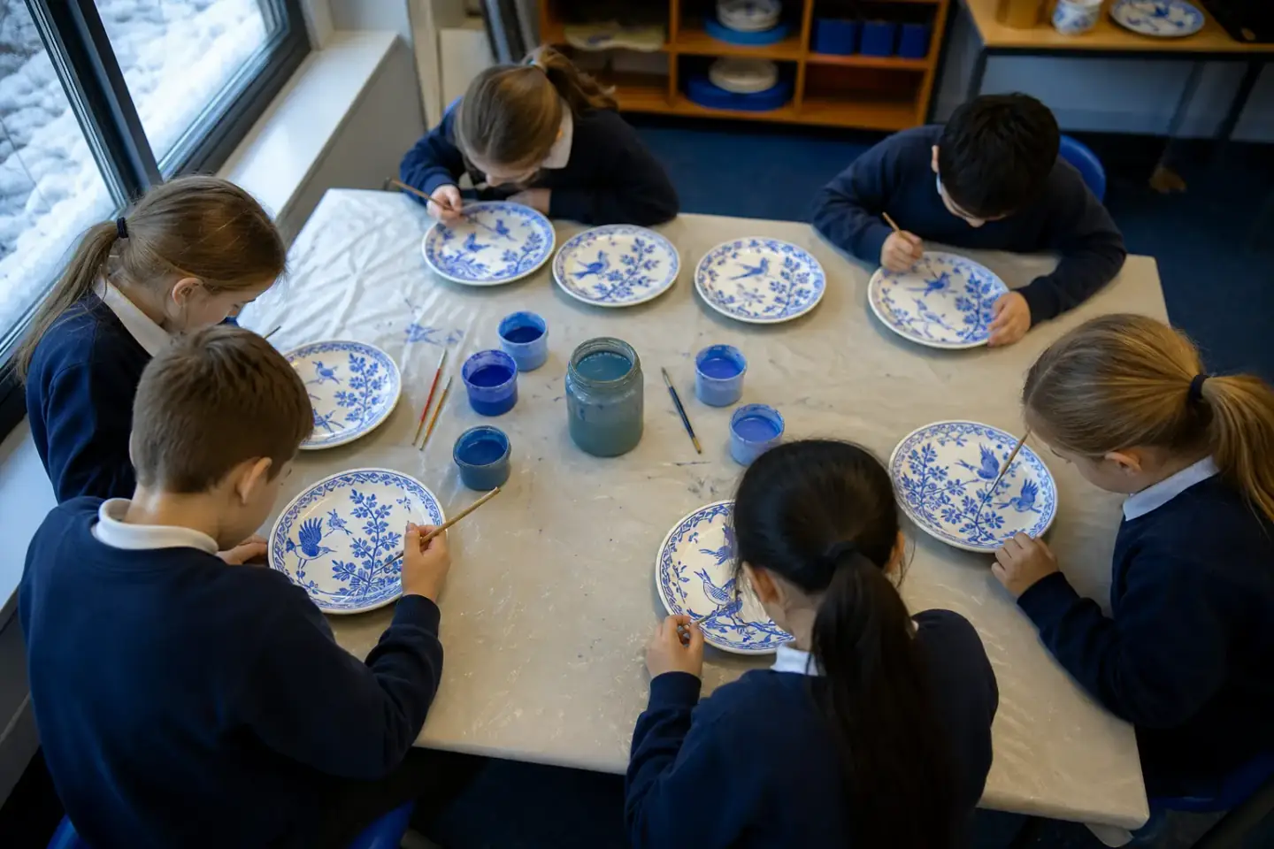 Pupils around a covered classroom table painting patterns onto white ceramic plates, brushes and paint pots between them, hands and plates in focus.