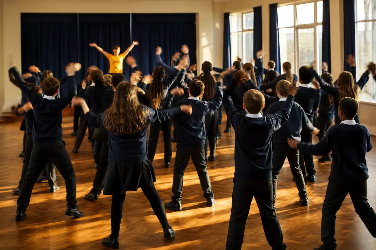 A large group of pupils in school uniform in a school hall, arms lifted mid-move in unison, photographed from behind as they follow a facilitator at the front.