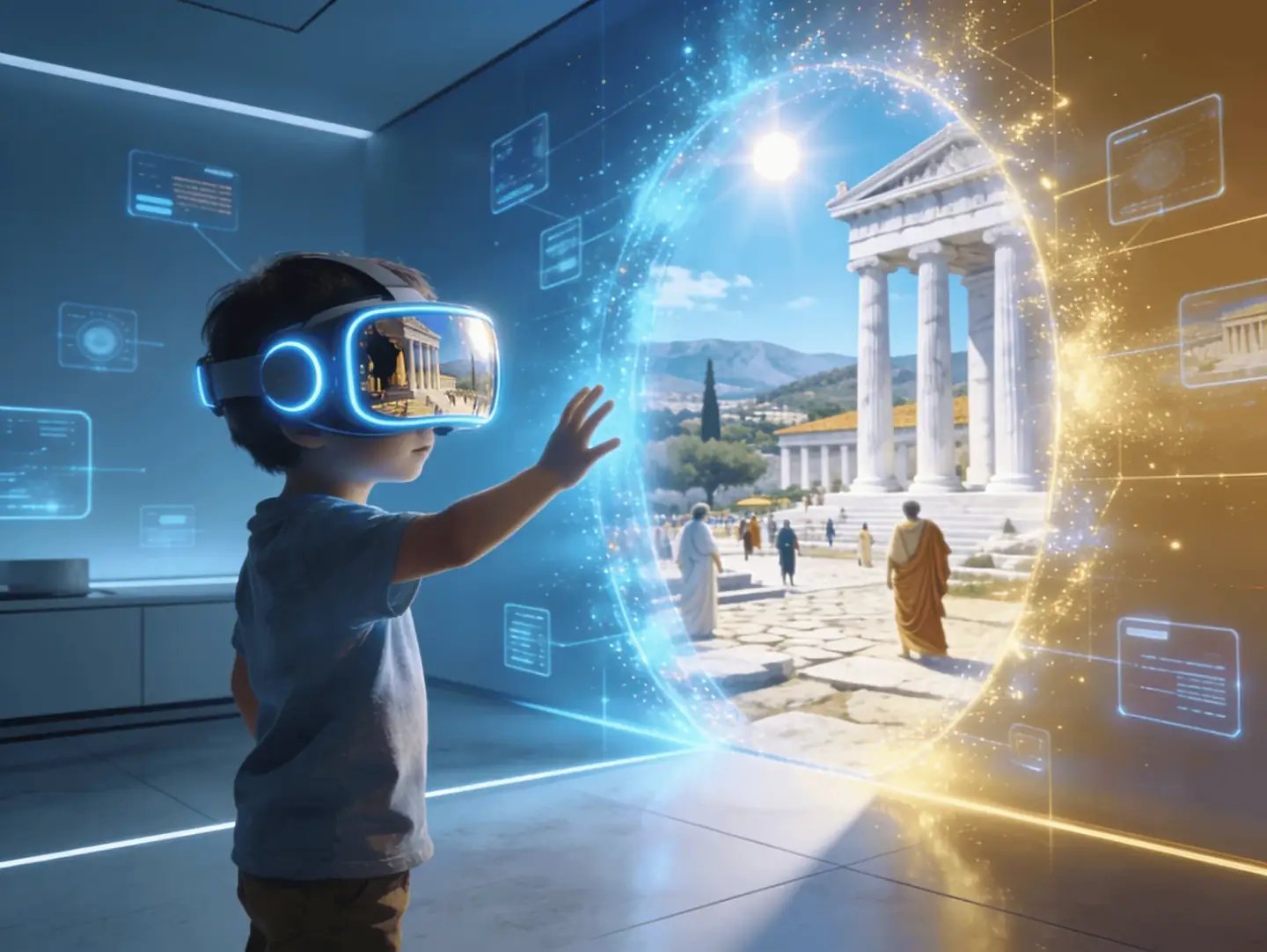 A pupil in a VR headset reaching a hand towards a glowing circular portal, through which a sunlit ancient Greek street opens up with a marble temple and figures in robes walking between the columns.