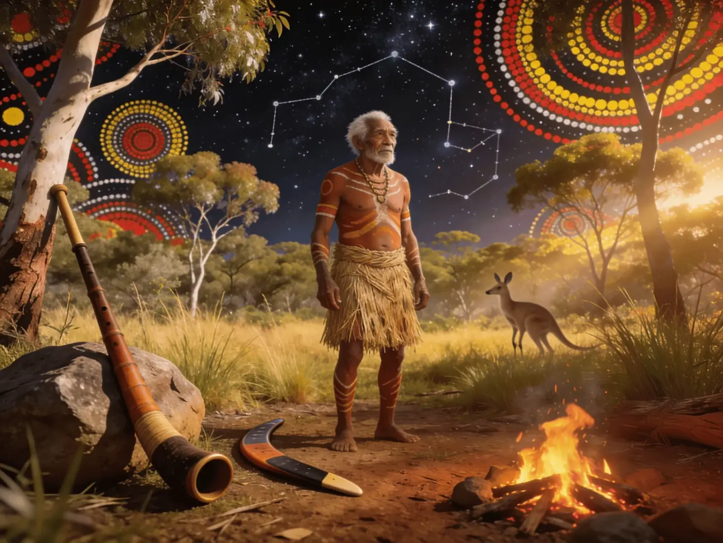 An Aboriginal Elder in body paint standing beside a campfire in the Australian bush at dusk, a didgeridoo and boomerang resting on the red earth, a kangaroo among the trees and a star-filled sky above patterned with dot-painting circles.